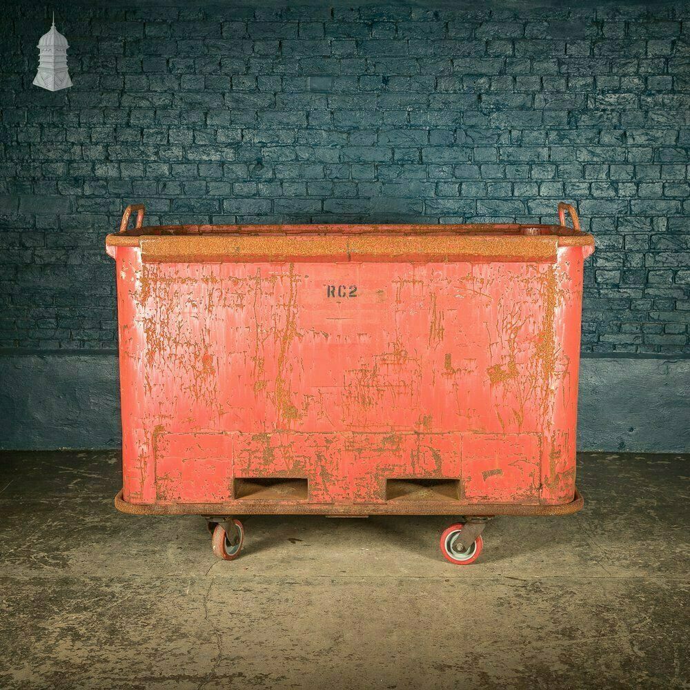 Wheeled Industrial Cart, Rusty Distressed Red Painted Steel, Factory Skip photo vinterior