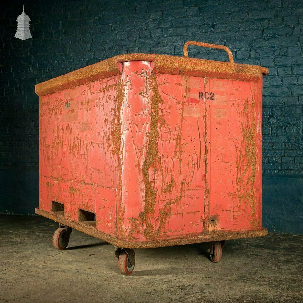 photo vintage Wheeled Industrial Cart, Rusty Distressed Red Painted Steel, Factory Skip