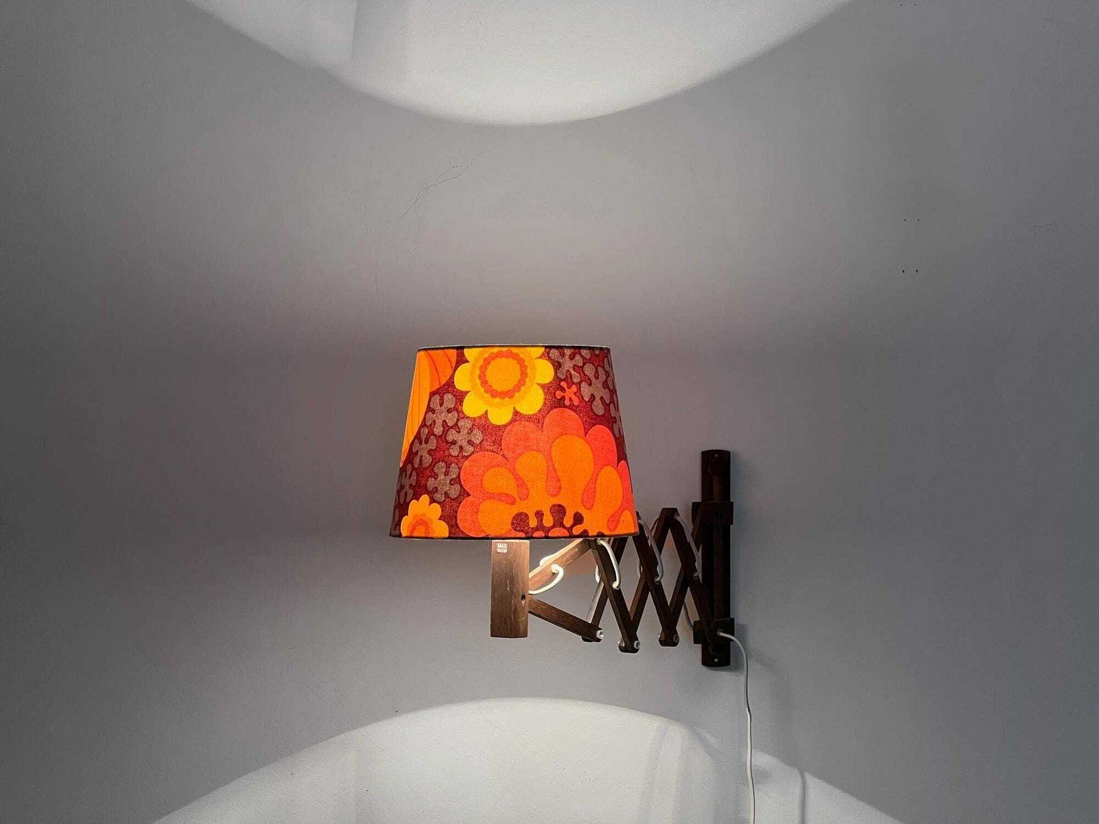 Wall Lamp/Scissor Lamp In Dyed Pine Wood From Translandia. Shade With "Folklore" Print By Göta Trädgårdh. Denmark 1960s photo Lighting