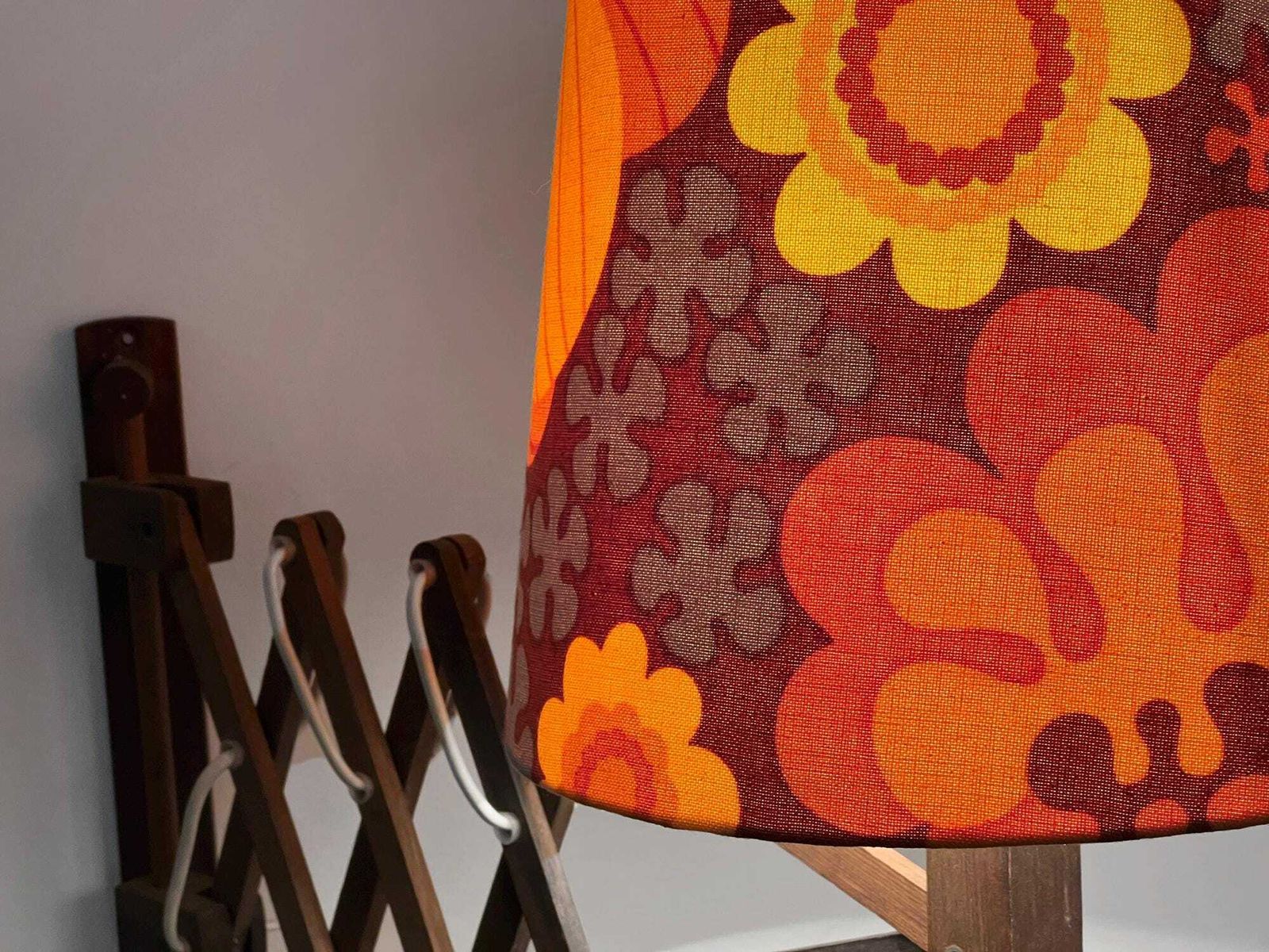 Wall Lamp/Scissor Lamp In Dyed Pine Wood From Translandia. Shade With "Folklore" Print By Göta Trädgårdh. Denmark 1960s photo buy