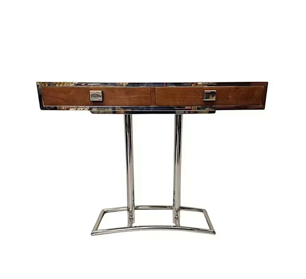 A Fabulous Hand Made Art Deco Design Walnut And Chrome Console Table photo for sale