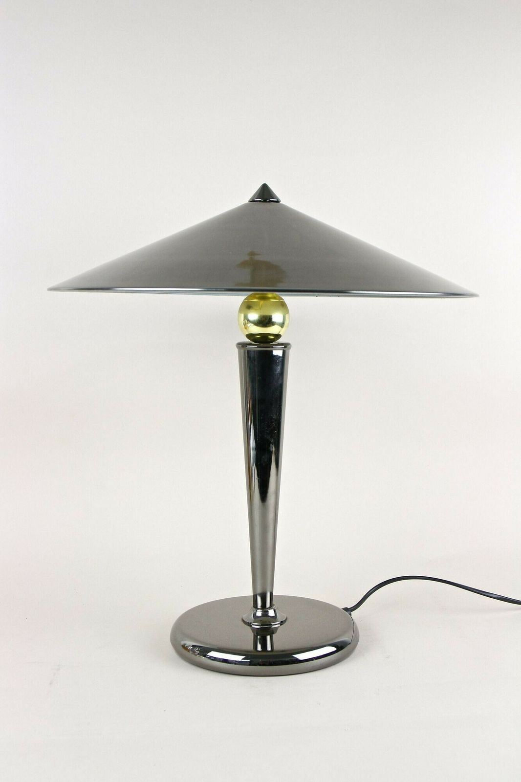 photo furniture Mid Century Modern Grey Chromed Table Lamp With Brass Sphere, Italy Ca. 1970