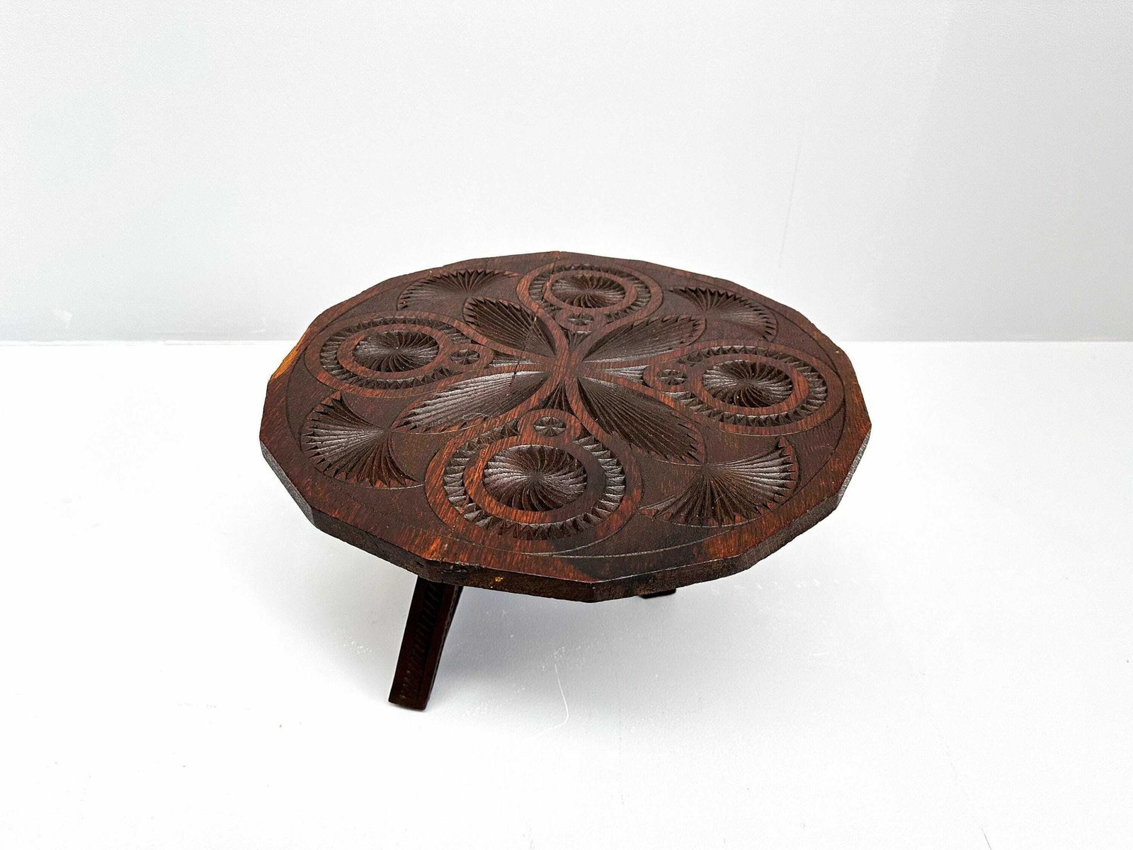 photo for sale Vintage Tilt Top Carved Low Table | Plant Stand