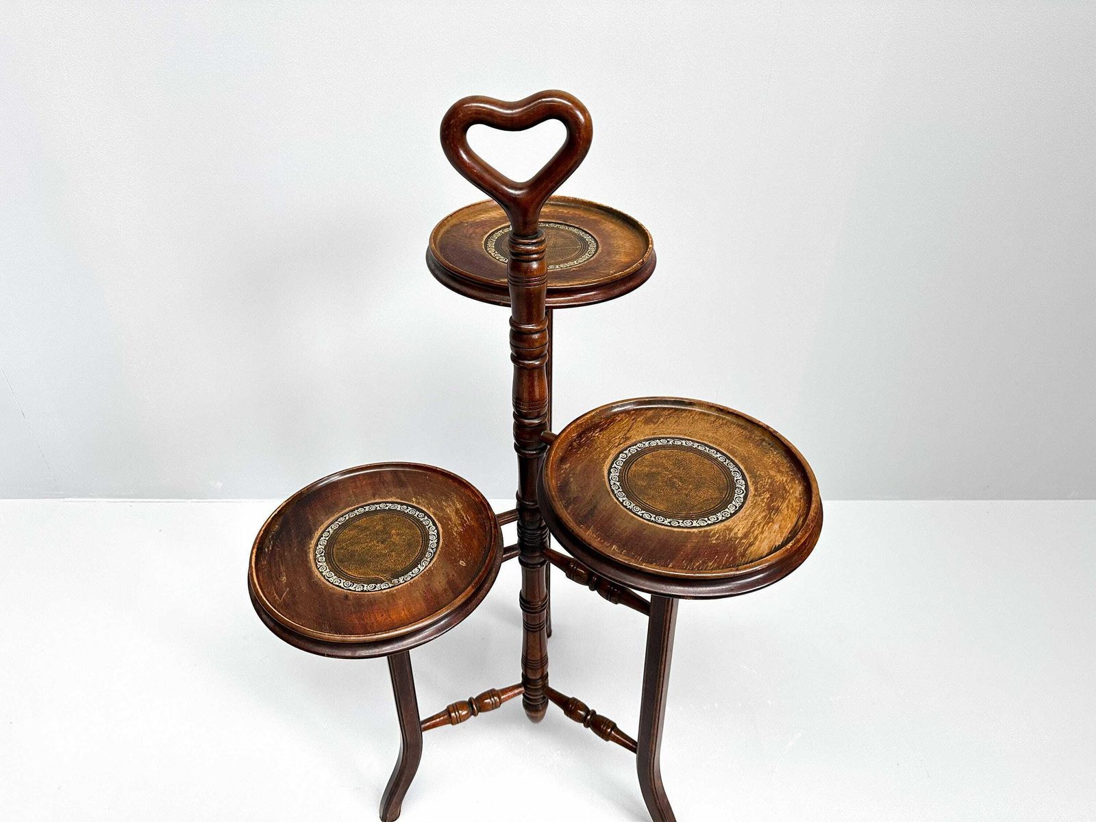 Vintage Wood And Leather Three Tier Cake Stand | Plant Stand photo for sale
