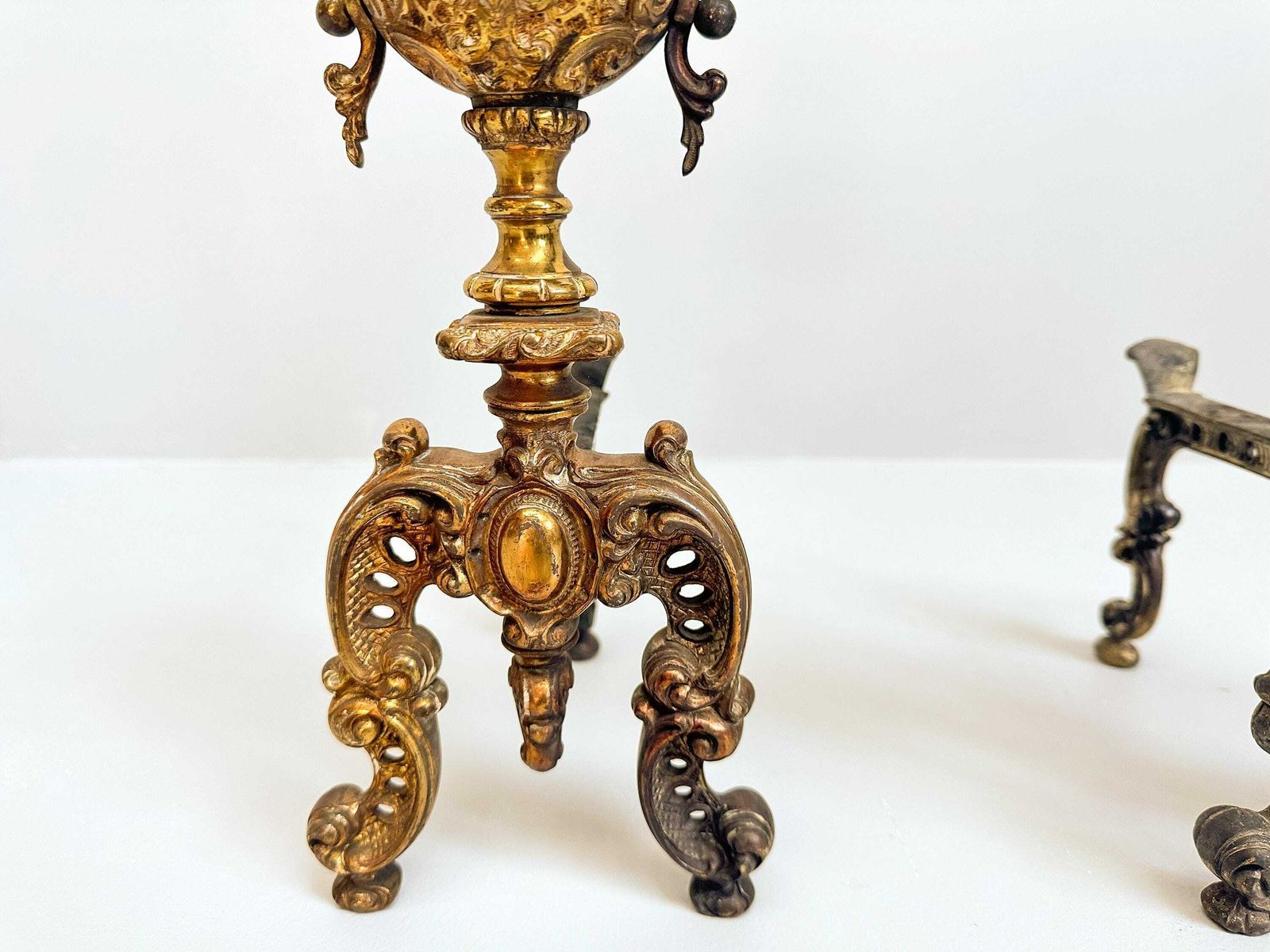 Antique Dutch Brass Andirons   Vintage Fireplace Decor, Log Holders photo for sale