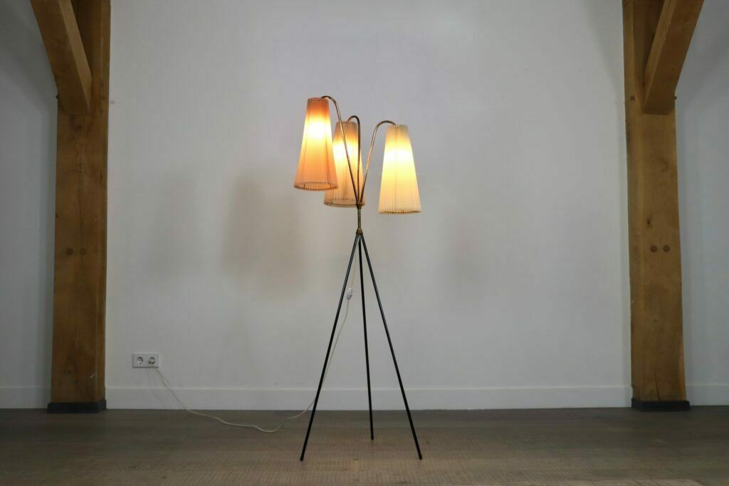 Vintage Tripod Floor Lamp In Brass And Plisse, 1950s photo furniture