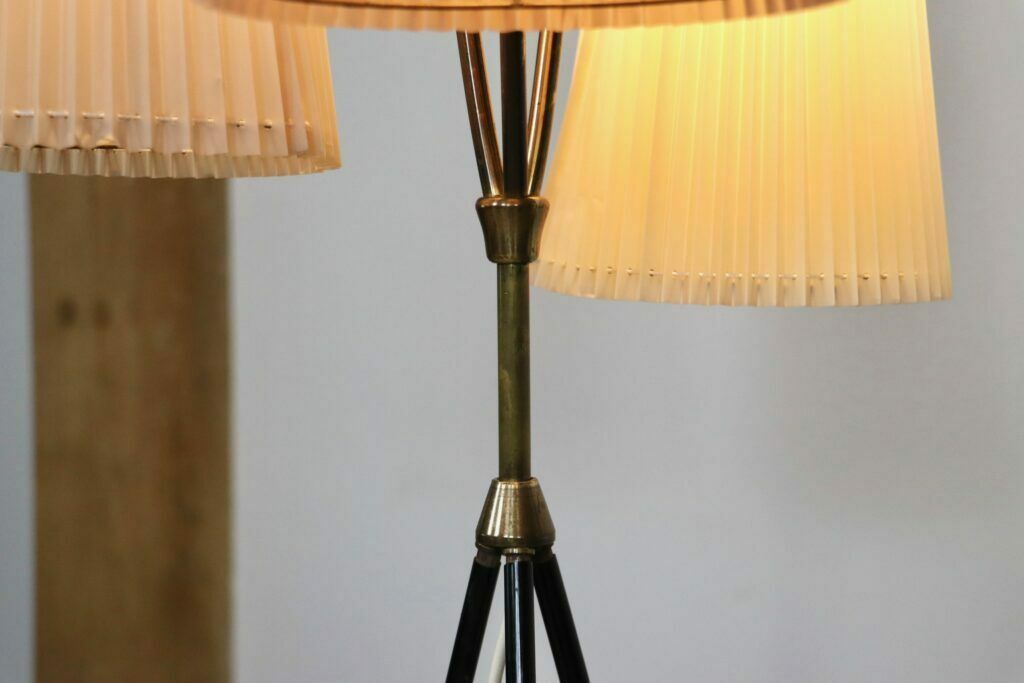 Vintage Tripod Floor Lamp In Brass And Plisse, 1950s photo 731.0