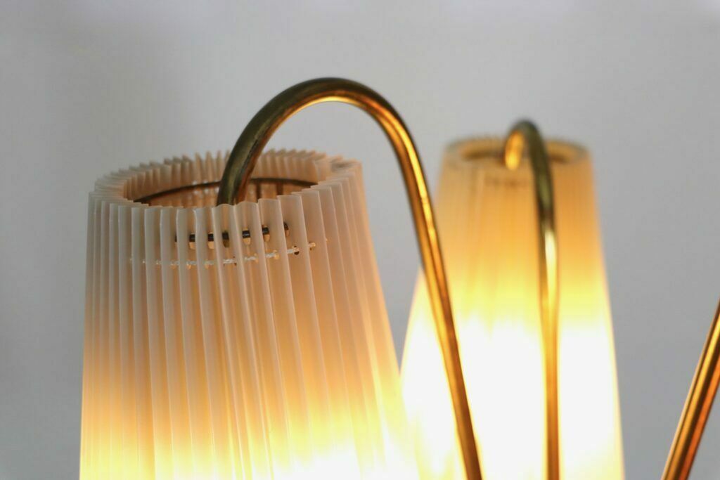 Vintage Tripod Floor Lamp In Brass And Plisse, 1950s photo vinterior