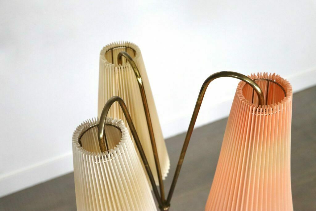photo furniture Vintage Tripod Floor Lamp In Brass And Plisse, 1950s