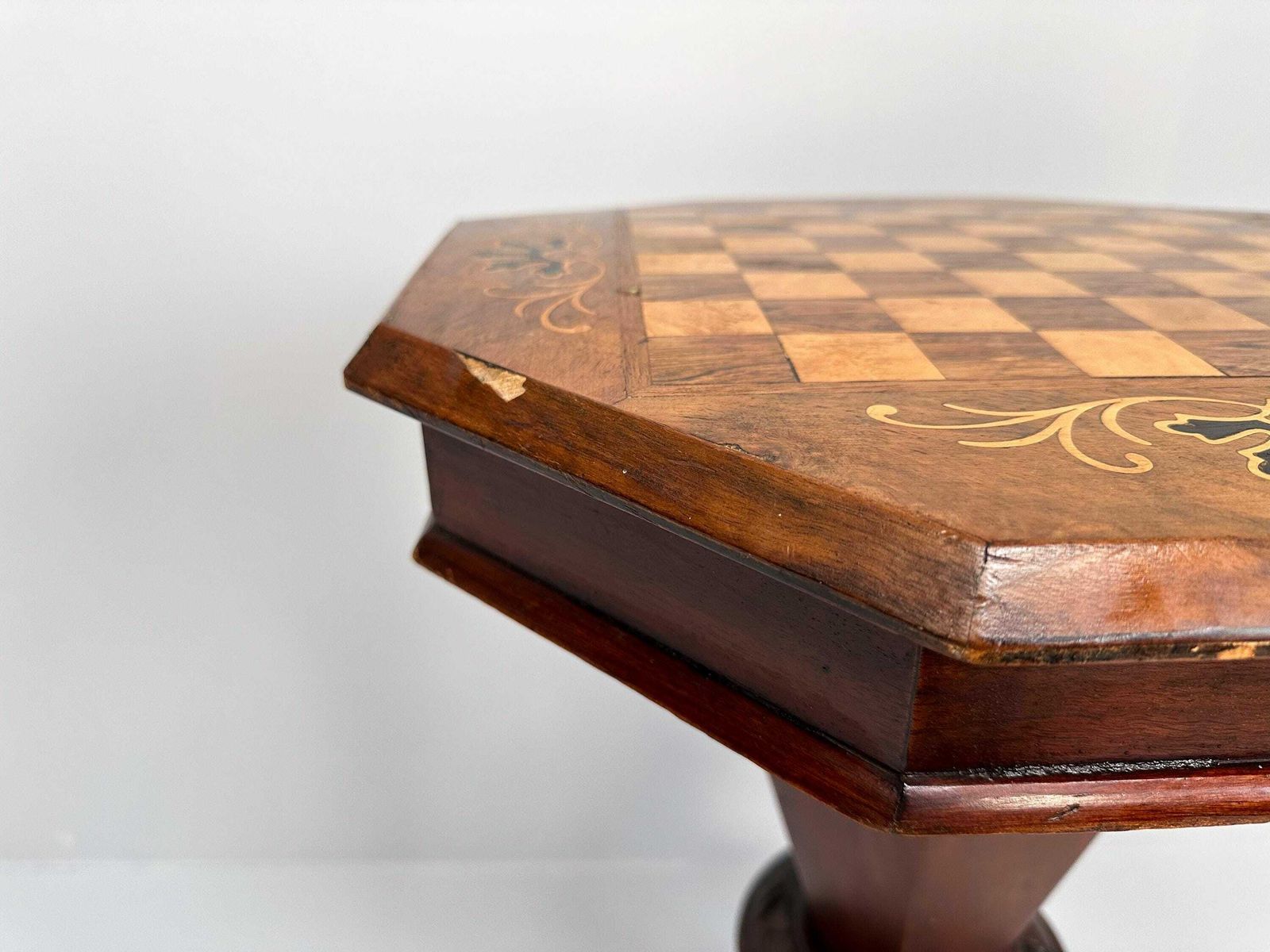 Antique Inlaid Chess Table, Trumpet Sewing Table photo vintage