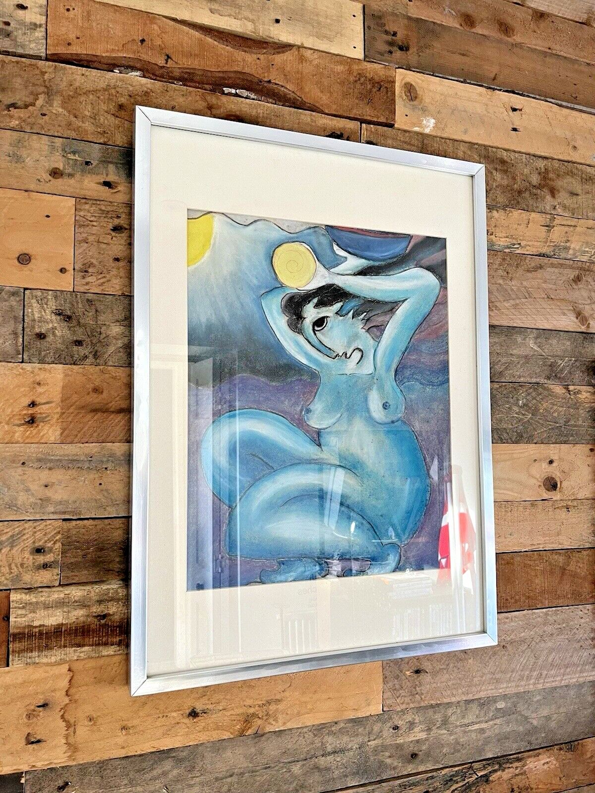 Unusual Vintage Expressionist Nude Pastel Chalk Painting Picasso Style Abstract