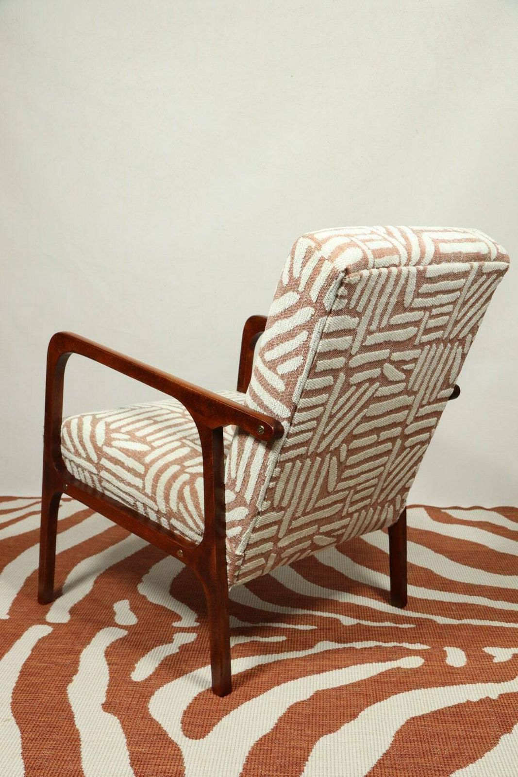 Mid Century Armchair Fabric Patterns Jacquard Upholstery Walnut Wood, Refurbished photo for sale