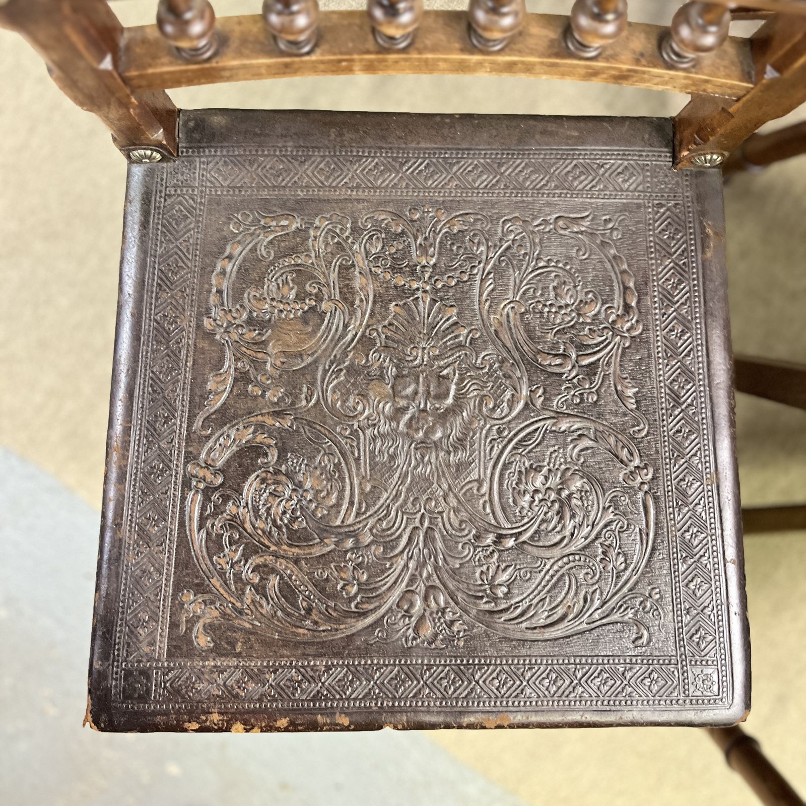Antique Brown Leather Embossed Chairs Dining Set 4 photo for sale