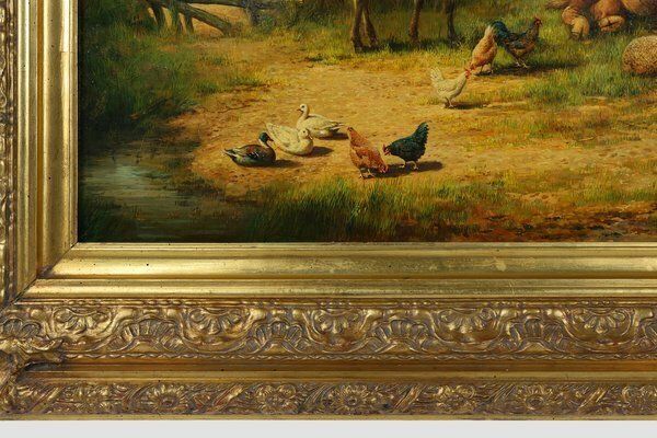 Belgian Artist, Farm Scene, 20th Century, Large Oil On Canvas, Framed photo for sale
