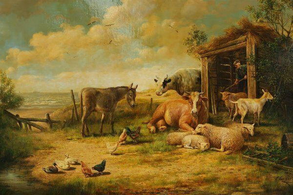Belgian Artist, Farm Scene, 20th Century, Large Oil On Canvas, Framed photo buy