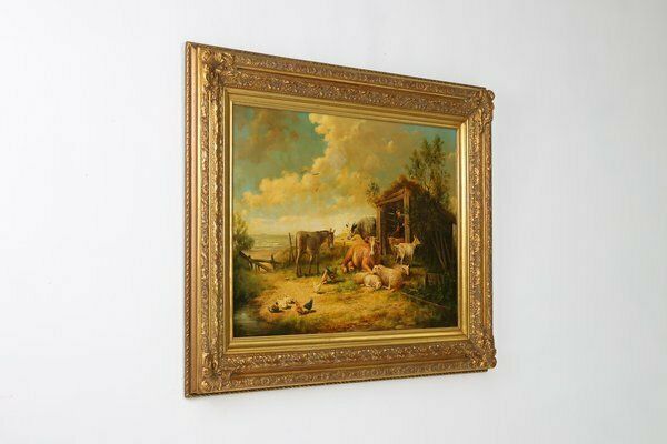 Belgian Artist, Farm Scene, 20th Century, Large Oil On Canvas, Framed photo vintage