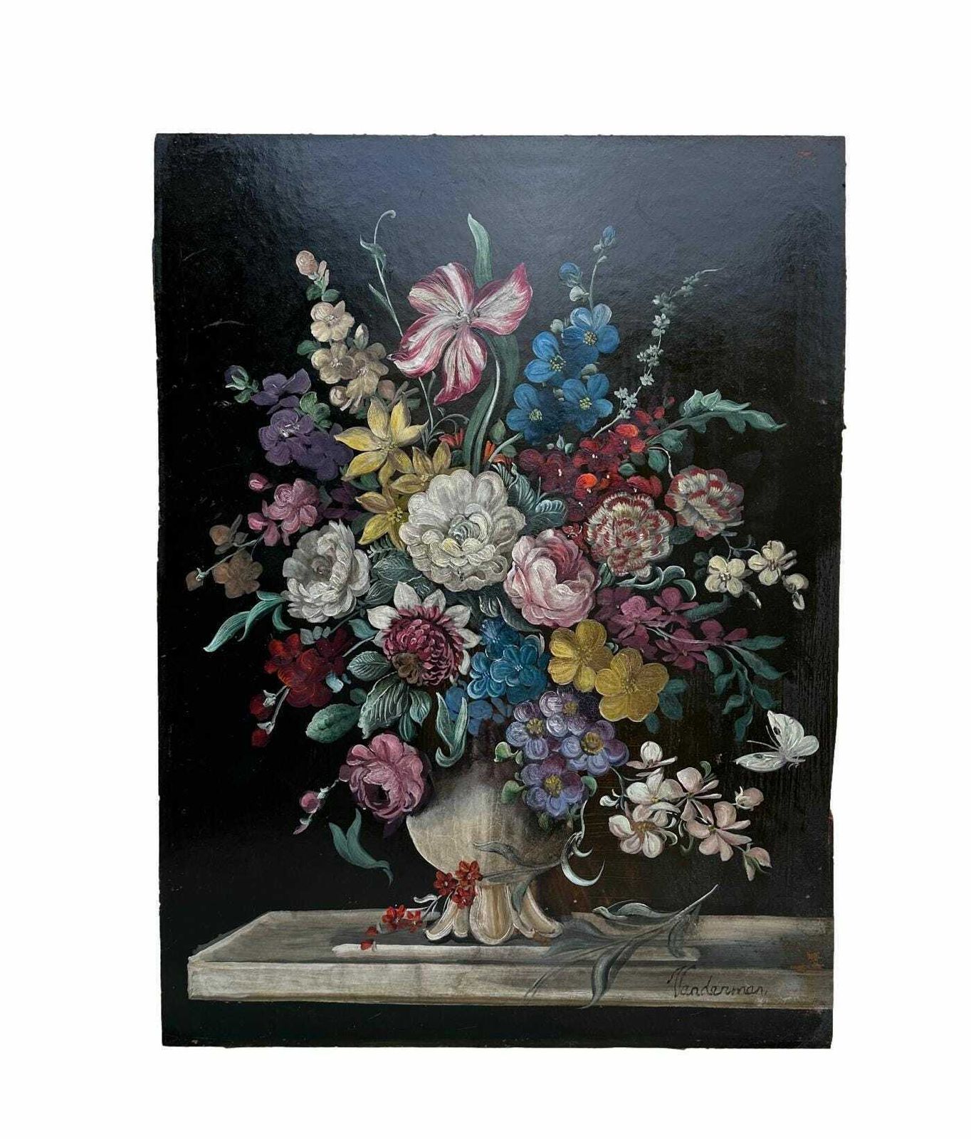 Dutch School Antique Still Life Oil Painting Flower Bouquet Black Signed Vanderman
