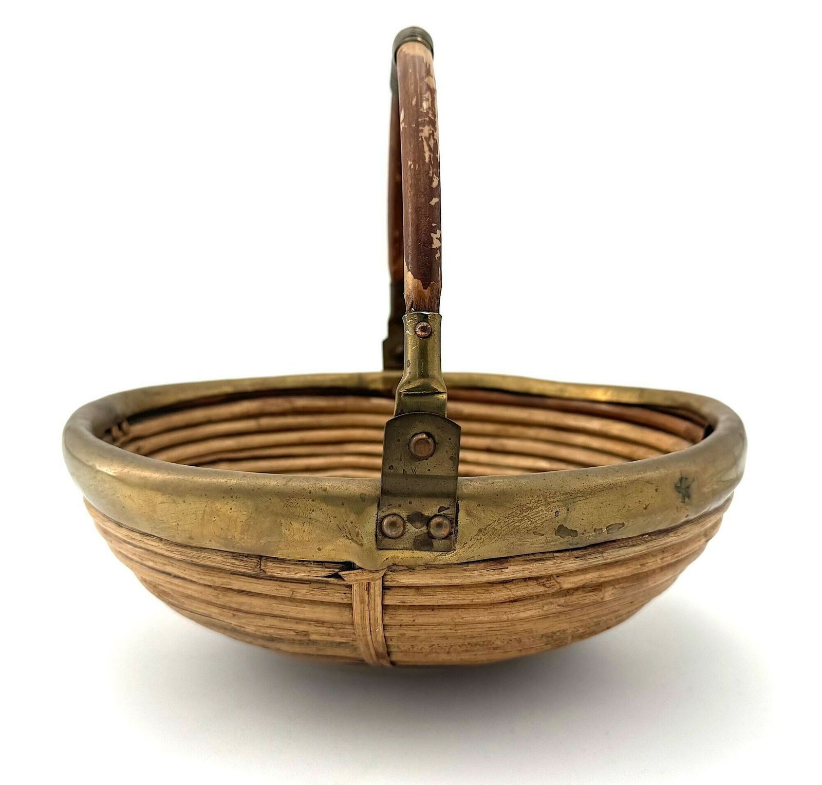 photo for sale An Italian 1970s Woven Bamboo And Brass Bowl In The Style Of Gabriella Crespi