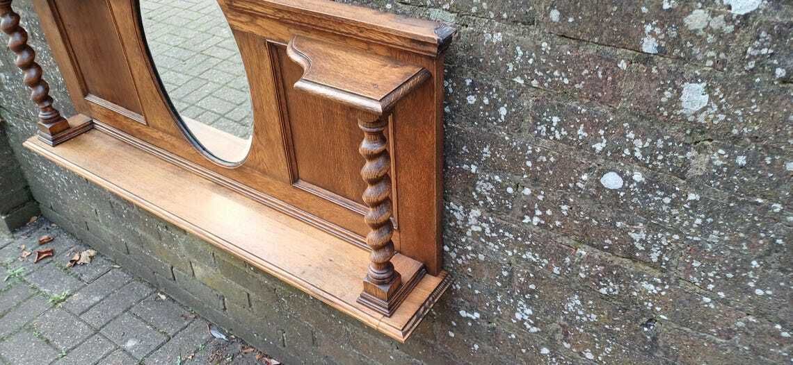 Elegant Upcycled Solid Oak Overmantel Mirror With Barley Twist Shelf And Bevelled Glass photo 495.0