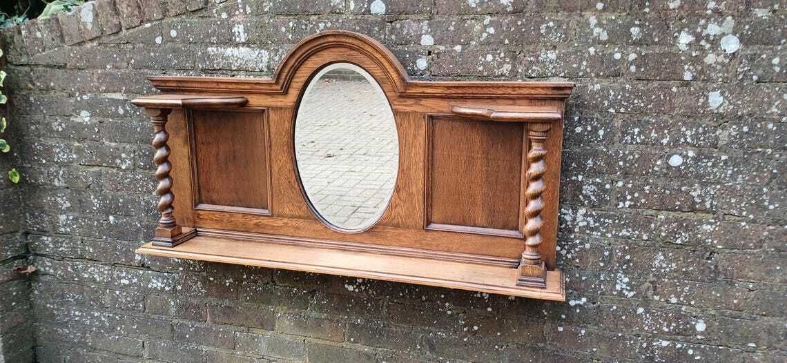 Elegant Upcycled Solid Oak Overmantel Mirror With Barley Twist Shelf And Bevelled Glass photo vintage