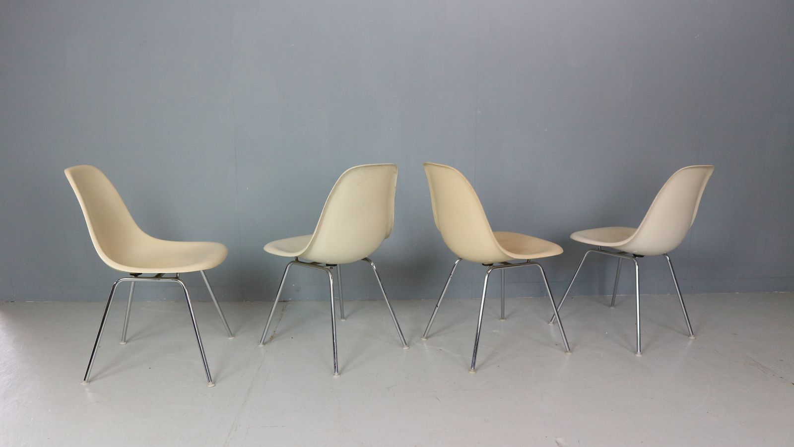 photo for sale Charles & Ray Eames Set Of 4 Off White "H Base" Chairs For Herman Miller, 1960