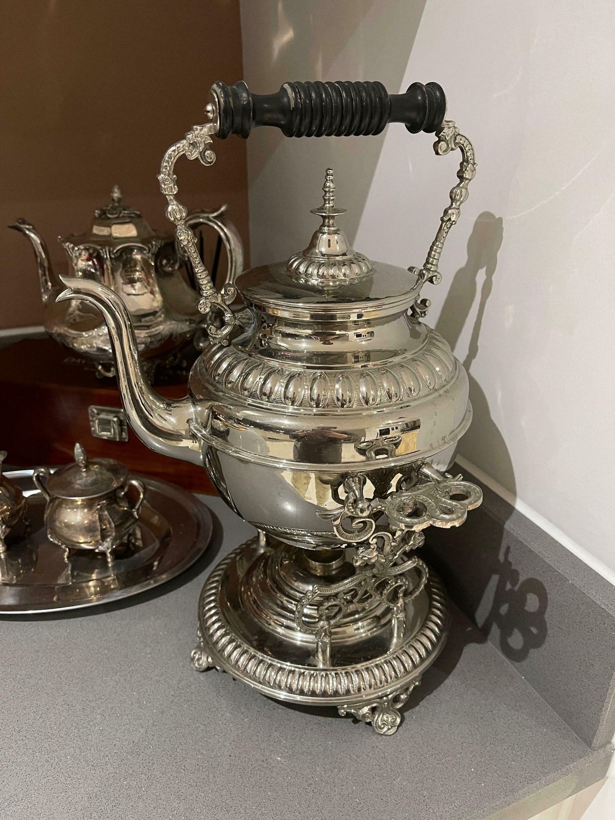 photo furniture Silver Plated Tea Set, Exclusive Antique 3 Parts Kettle Coffee Pot, Warmer Set