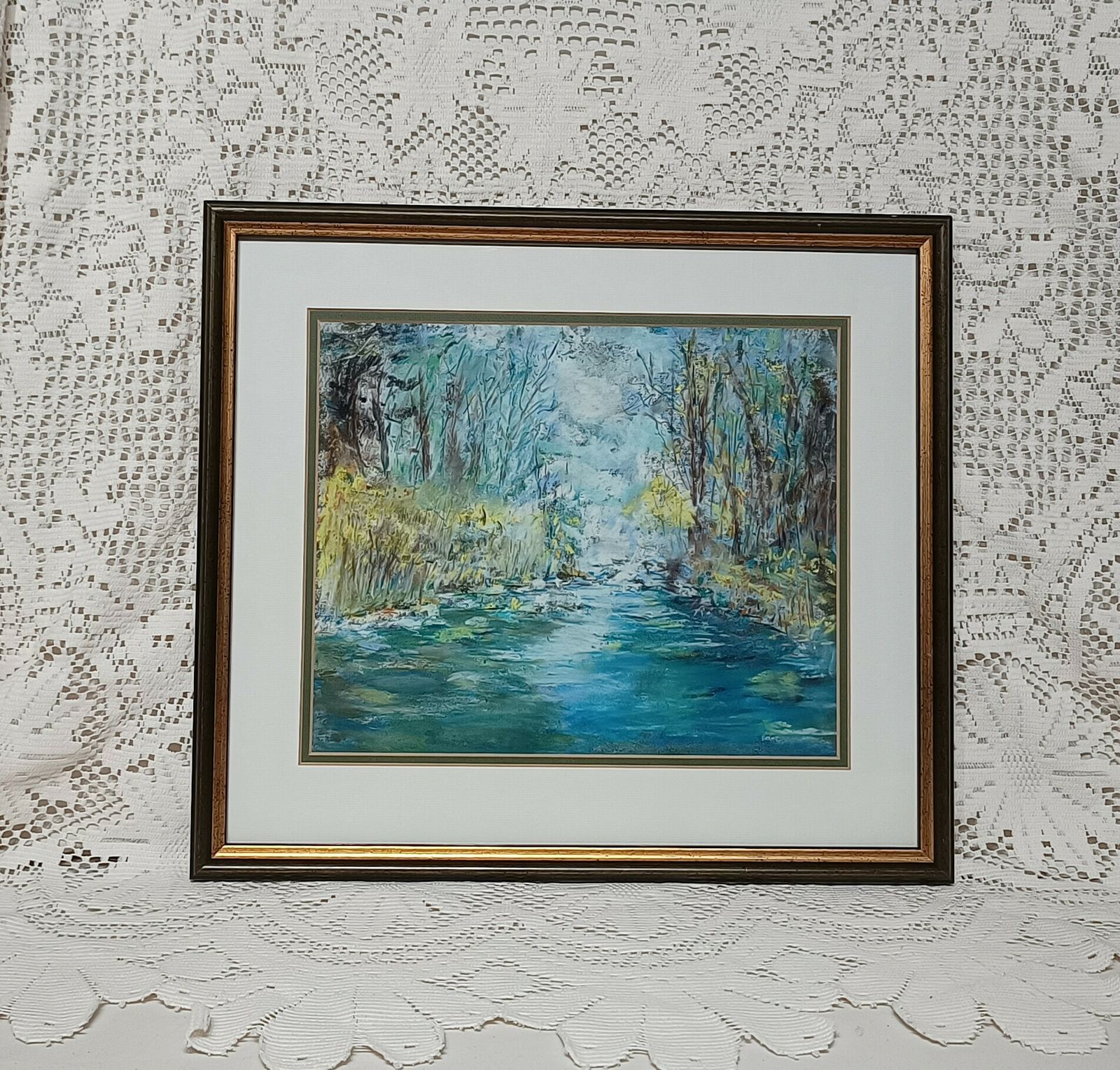 Original Pastel Painting Arizona Blue Stream In Forest Scene Artist Signed. photo for sale