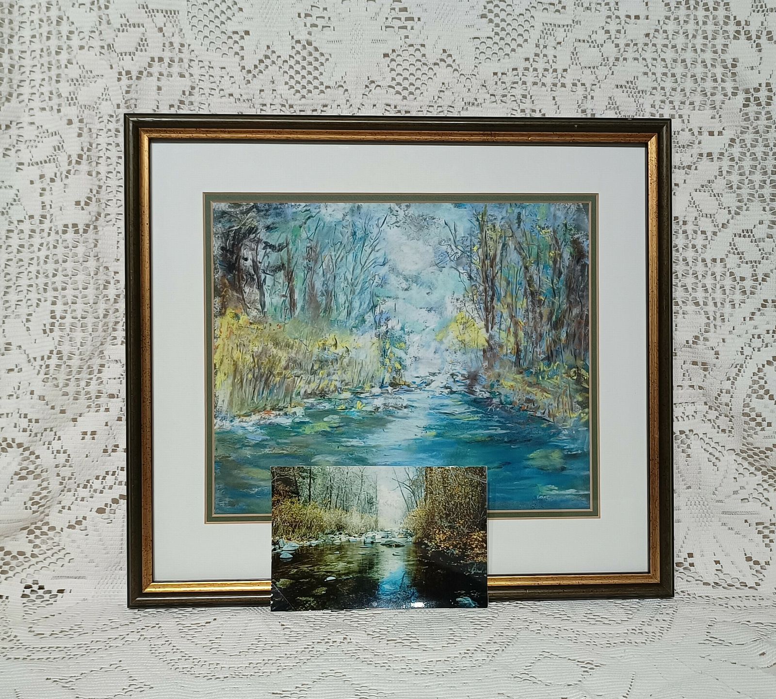 Original Pastel Painting Arizona Blue Stream In Forest Scene Artist Signed. photo vintage