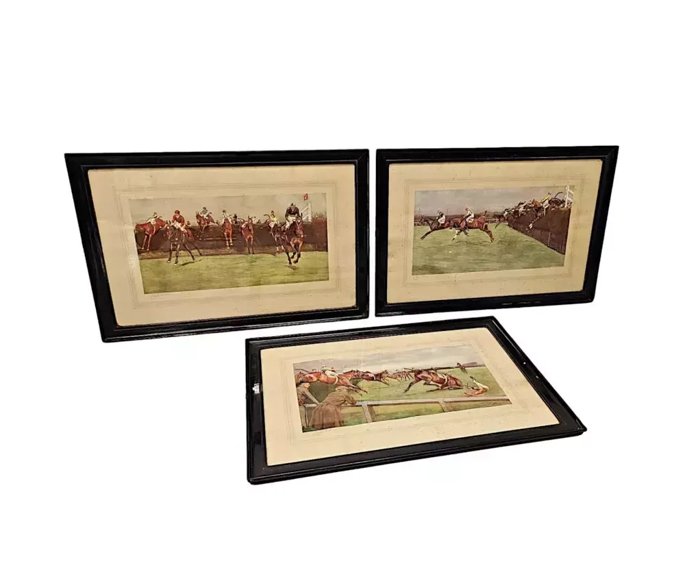 Rare Set Of Three Limited Edition Early 20th Century Grand National Hand Tinted Prints By Cecil Aldin