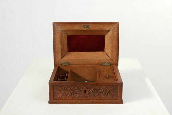 Antique French Sculptured Sewing Box In Oak, 1890s photo Home Decor