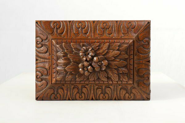 photo furniture Antique French Sculptured Sewing Box In Oak, 1890s