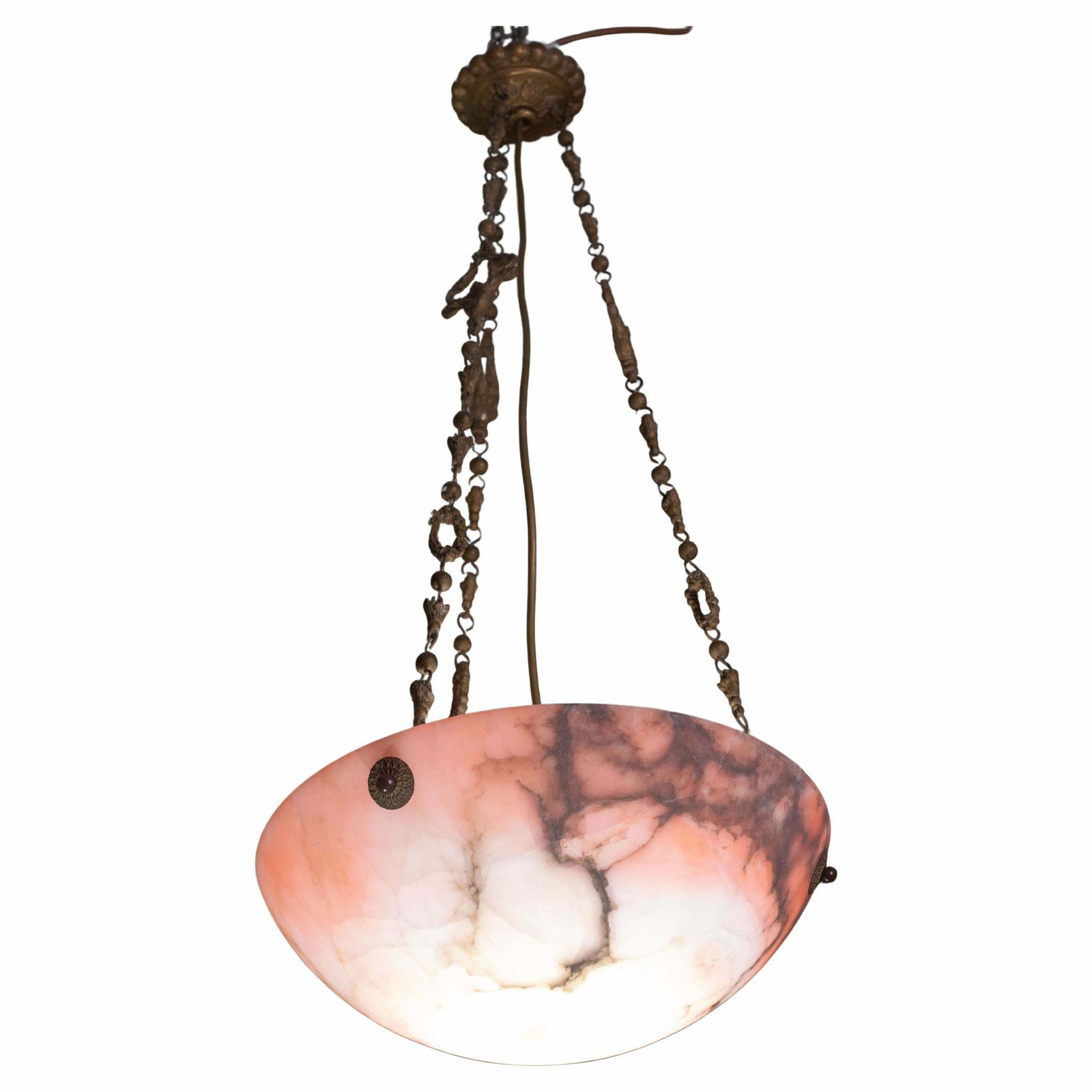 Art Decò Red And Pink  Alabaster Chandelier, 1920
