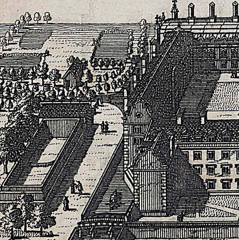Pieter Van Der Aa, St John's College, Cambridge Engraving Pieter Van Der Aa After David Loggan, 1727, II photo for sale