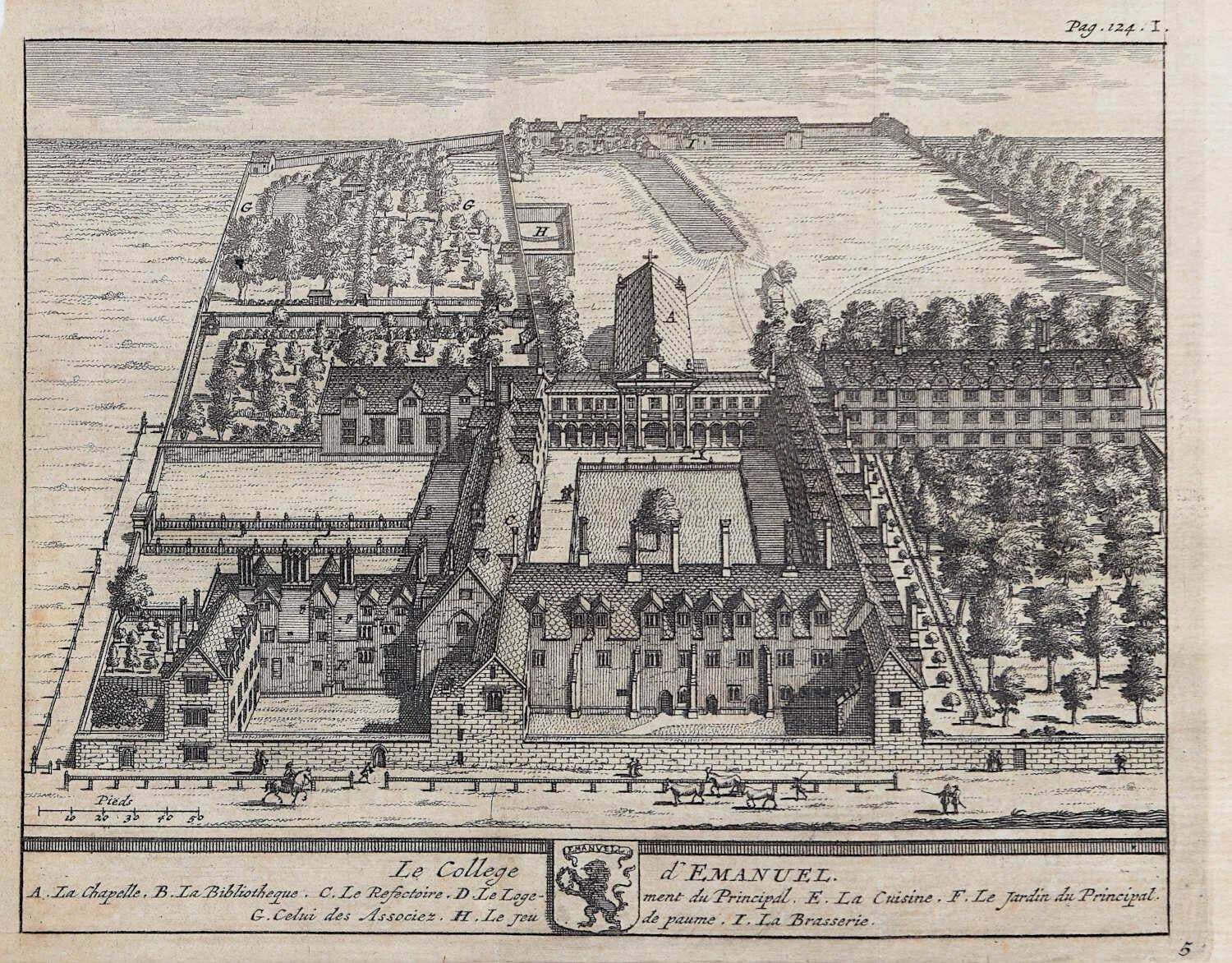 Pieter Van Der Aa, Emmanuel College, Cambridge Engraving Pieter Van Der Aa After David Loggan Ii1727