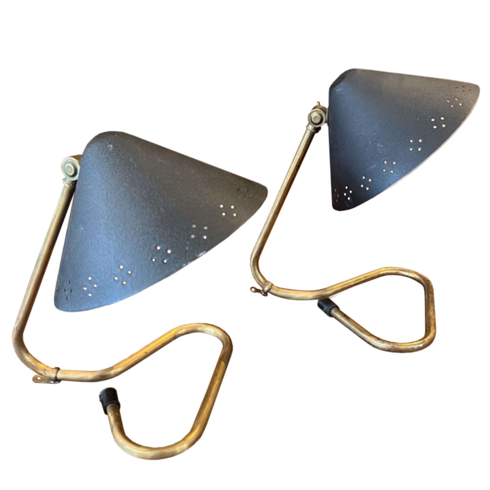 Pair Of Midcentury Table Lamps With Black Pierced Shades By Erik Wärnå