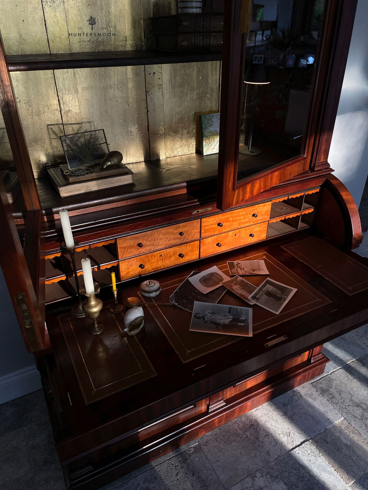 Victorian Mahogany Cylinder Writing Bureau With Glazed Bookcase, Circa 1880 photo vintage