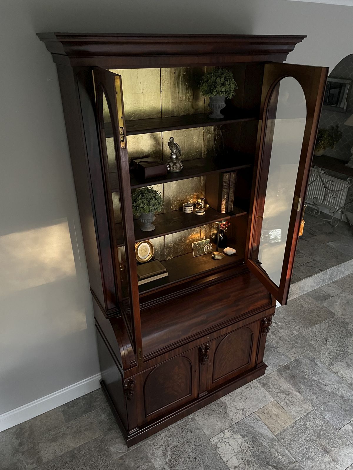 photo buy Victorian Mahogany Cylinder Writing Bureau With Glazed Bookcase, Circa 1880