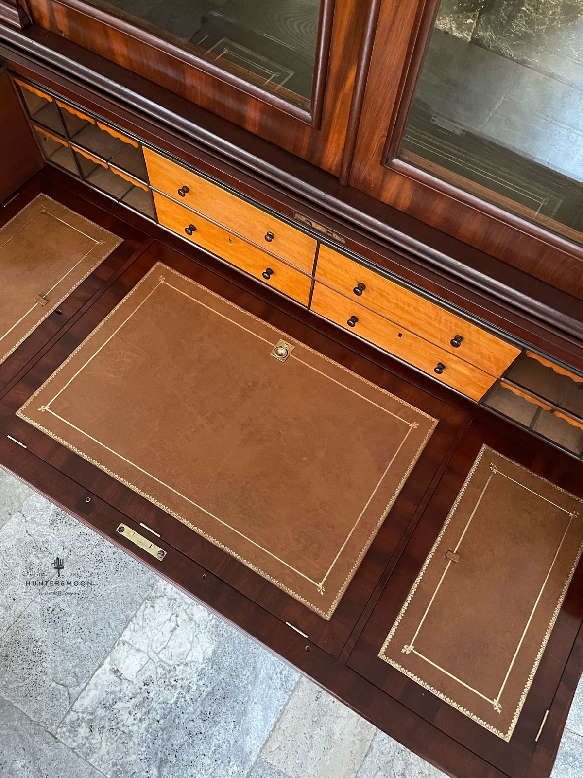 Victorian Mahogany Cylinder Writing Bureau With Glazed Bookcase, Circa 1880 photo vinterior