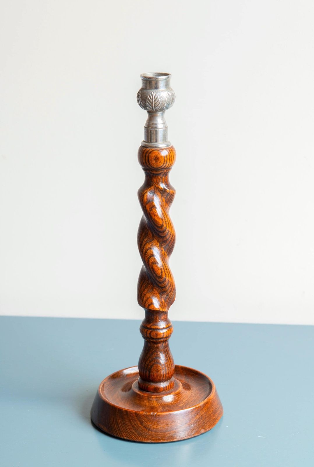 Two Antique Barley Twist Candle Holders, Turned Oak Wooden Candlesticks, English Victorian Candle Stand Pair, Rustic Home Decor photo vintage