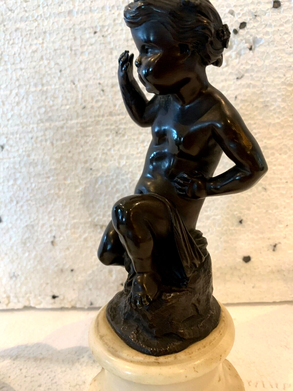 Pair Of Bronze Putti With Brown Patina On White Marble Base 20th Century photo 828.75