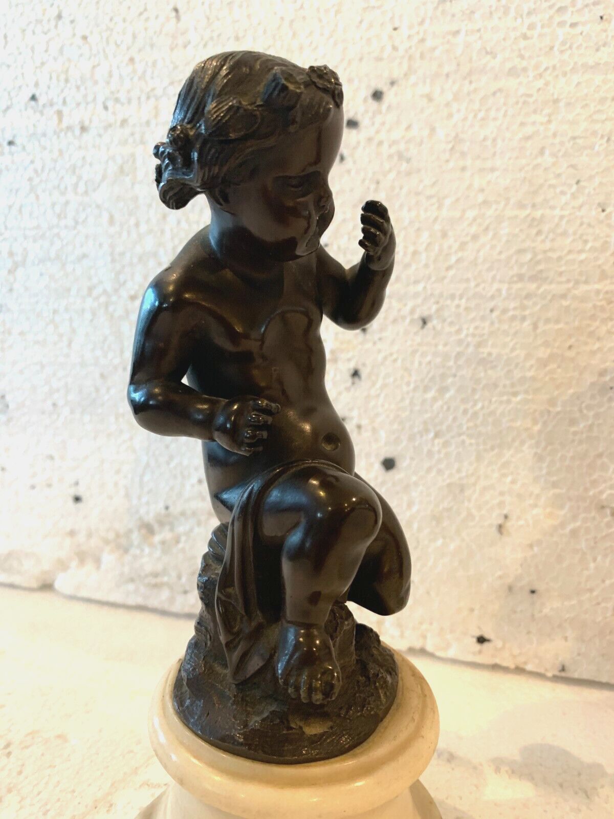 Pair Of Bronze Putti With Brown Patina On White Marble Base 20th Century photo vintage
