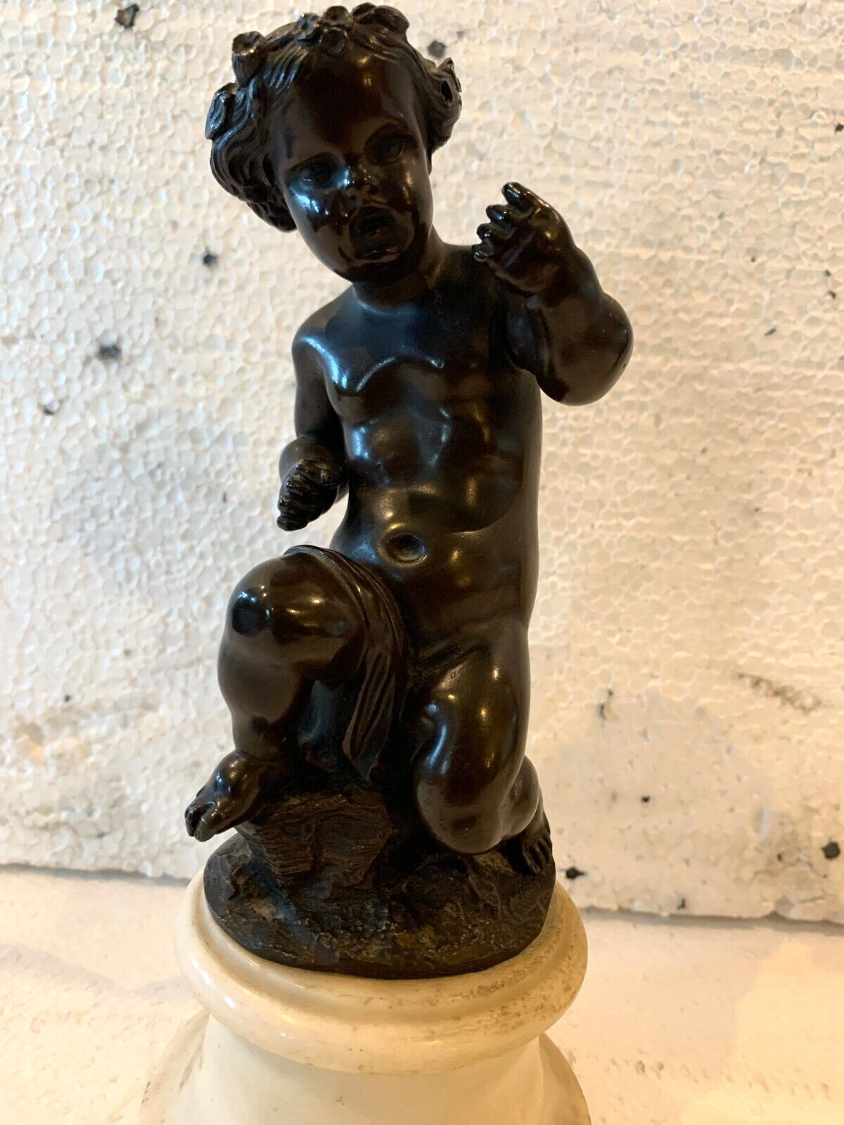 828.75 Pair Of Bronze Putti With Brown Patina On White Marble Base 20th Century photo