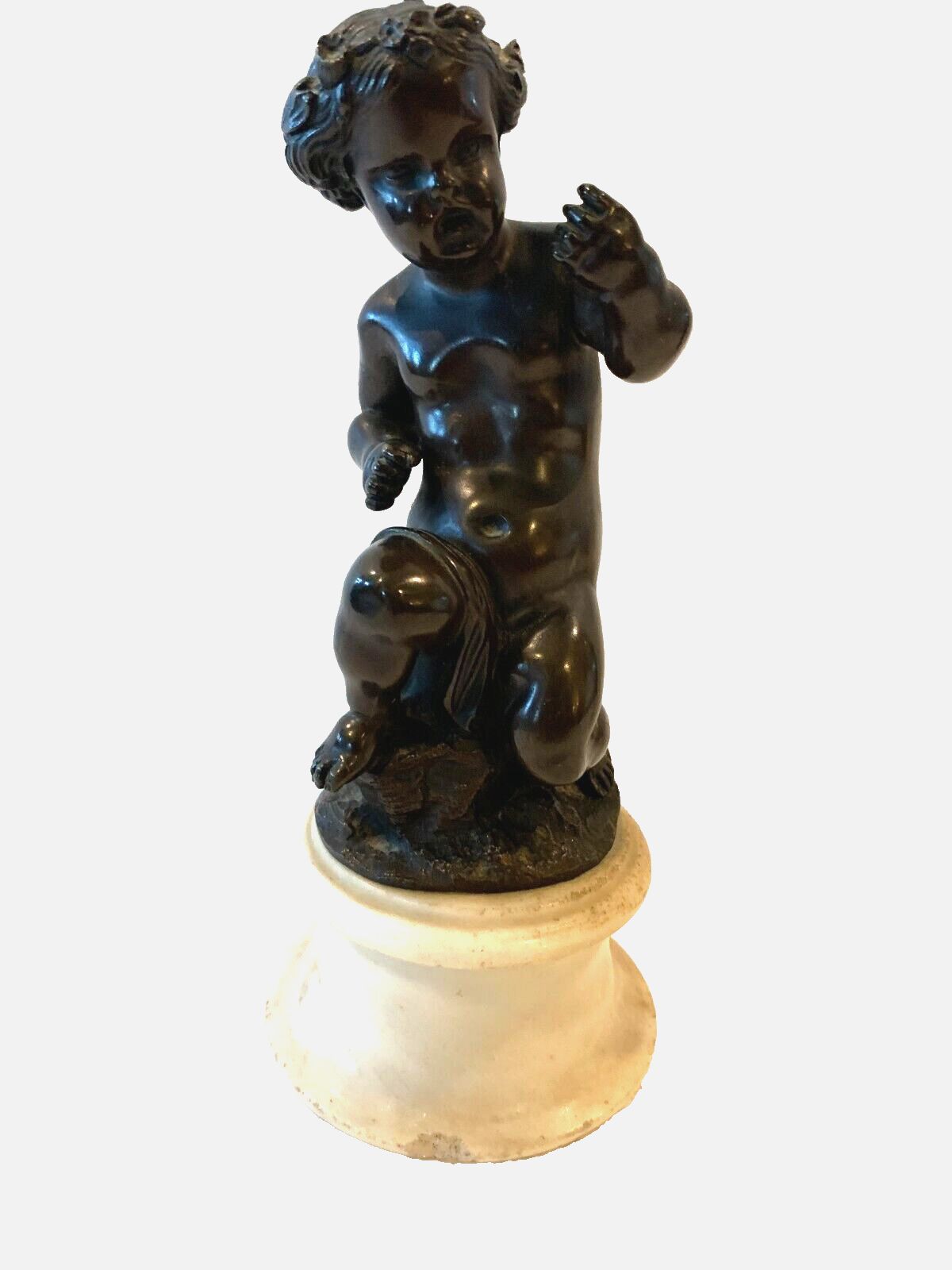 photo buy Pair Of Bronze Putti With Brown Patina On White Marble Base 20th Century