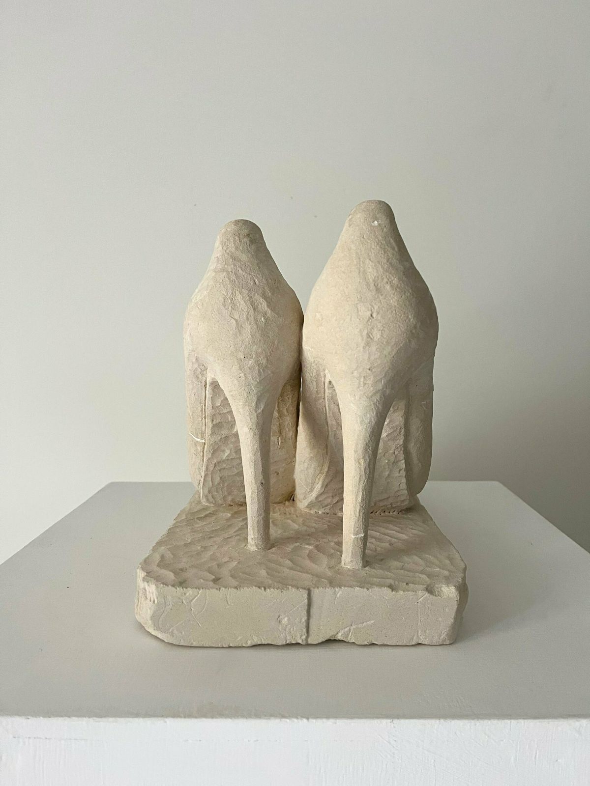Stone Sculpture Of Stiletto Heels Shoes, Hand Carved Unique Artwork In Solid Limestone, Decorative Object, Dressing Room Decoration Or Unique Doorstop photo for sale