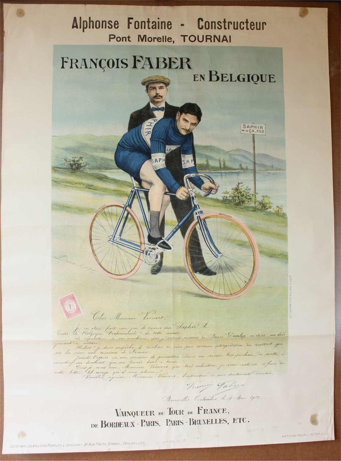 Saphir Cycles Poster. Francois Faber. Dunlop Bike Tyres Tour De France. photo furniture