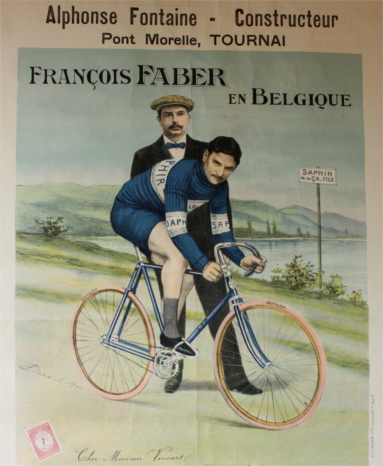 photo furniture Saphir Cycles Poster. Francois Faber. Dunlop Bike Tyres Tour De France.