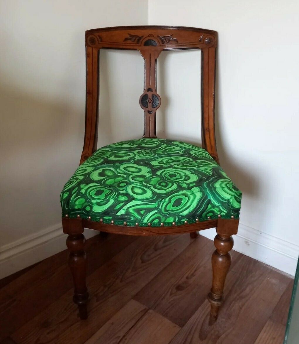 Victorian Carved Wood Chair Reupholstered With Green Malachite Print Fabric