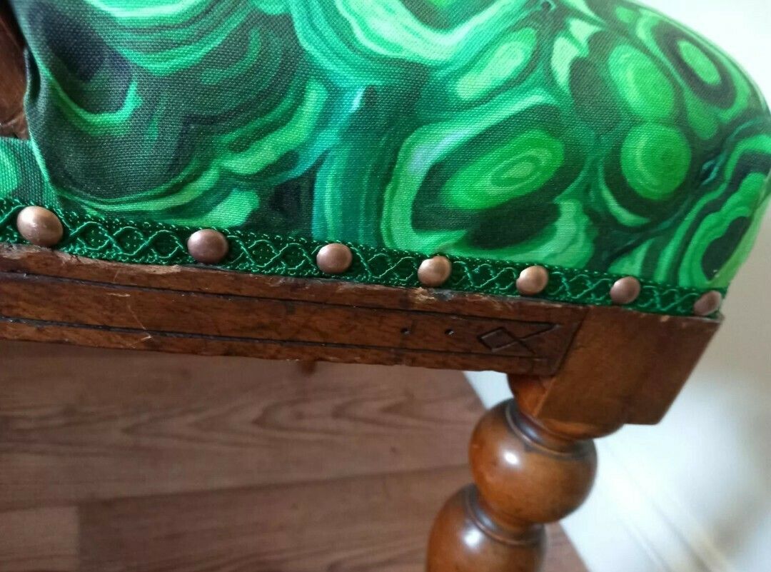 Victorian Carved Wood Chair Reupholstered With Green Malachite Print Fabric photo vintage