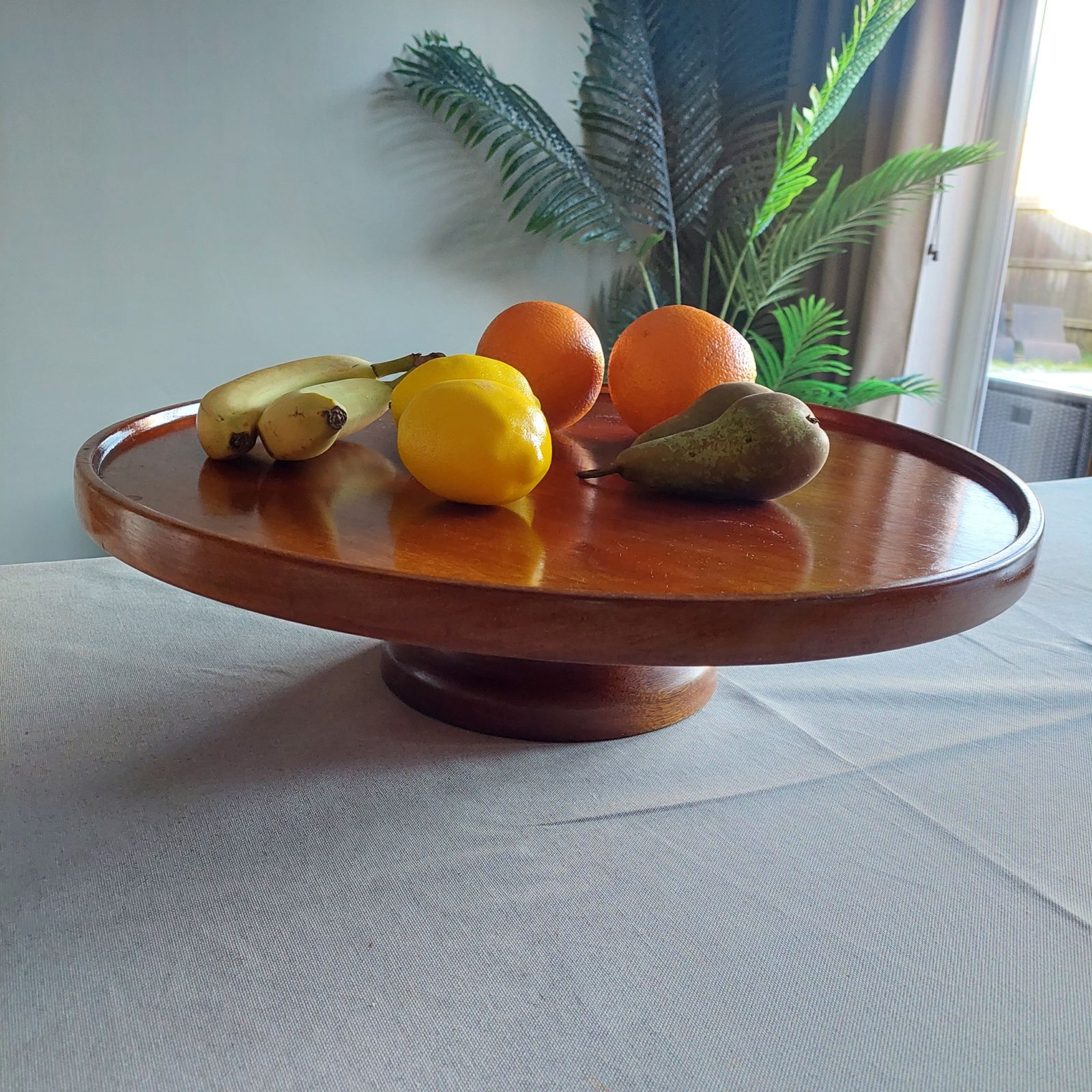 Home Decor Early Mid Century Teak Lazy Susan Large Art Deco Centerpiece Revolving Serving Tray, 40s photo