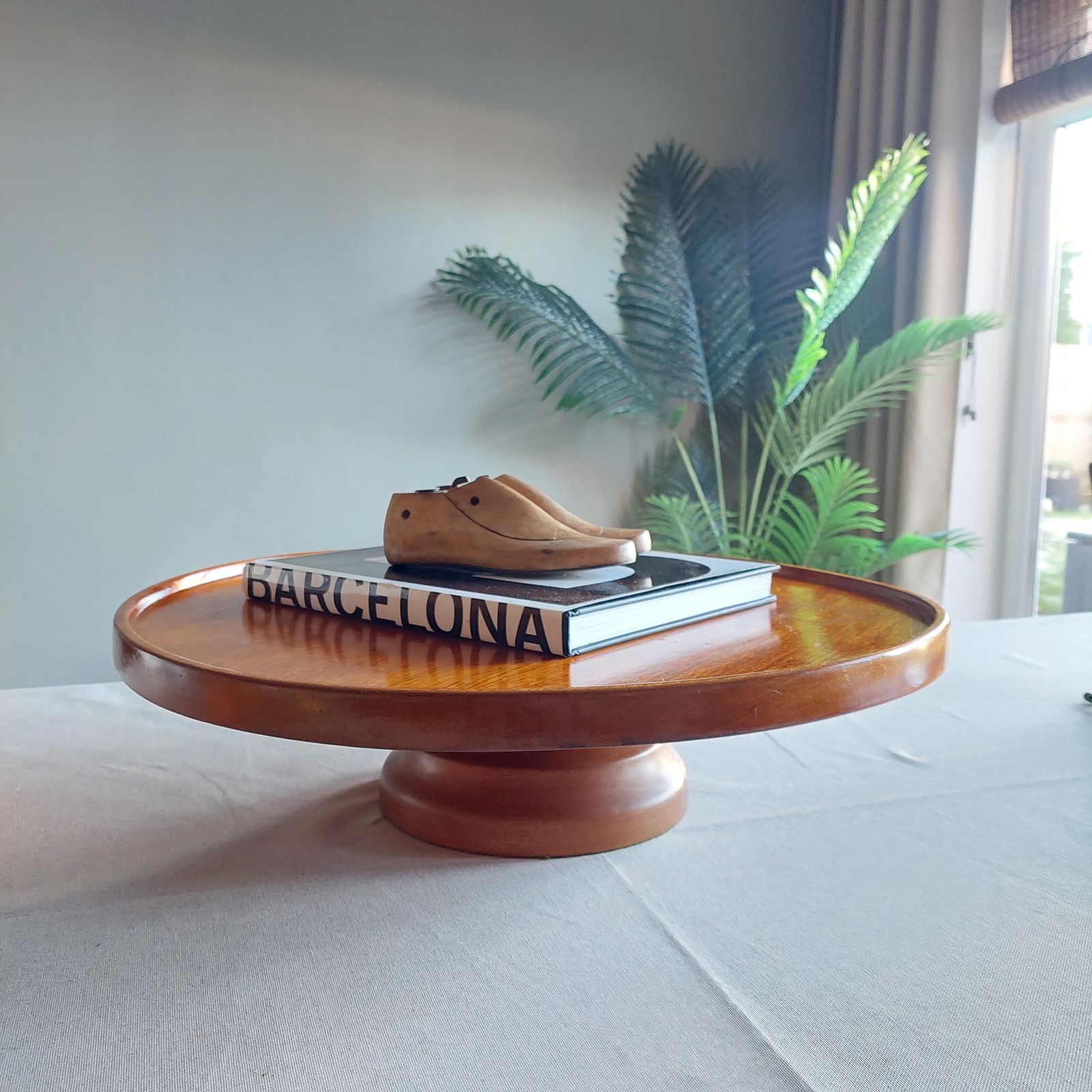 Early Mid Century Teak Lazy Susan Large Art Deco Centerpiece Revolving Serving Tray, 40s photo furniture